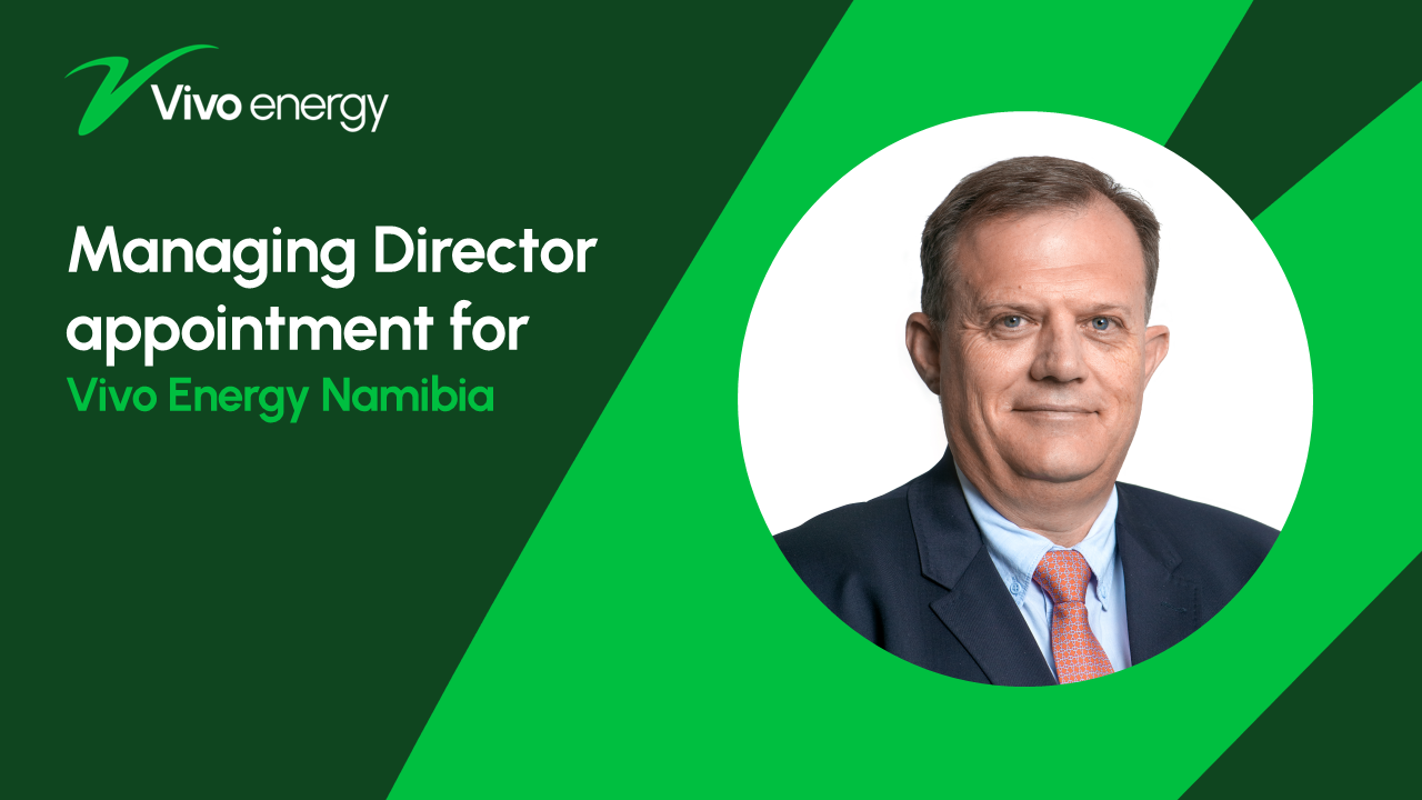 Professional headshot of a man, on a green background. Text reads: Managing Director appointment for Vivo Energy Namibia