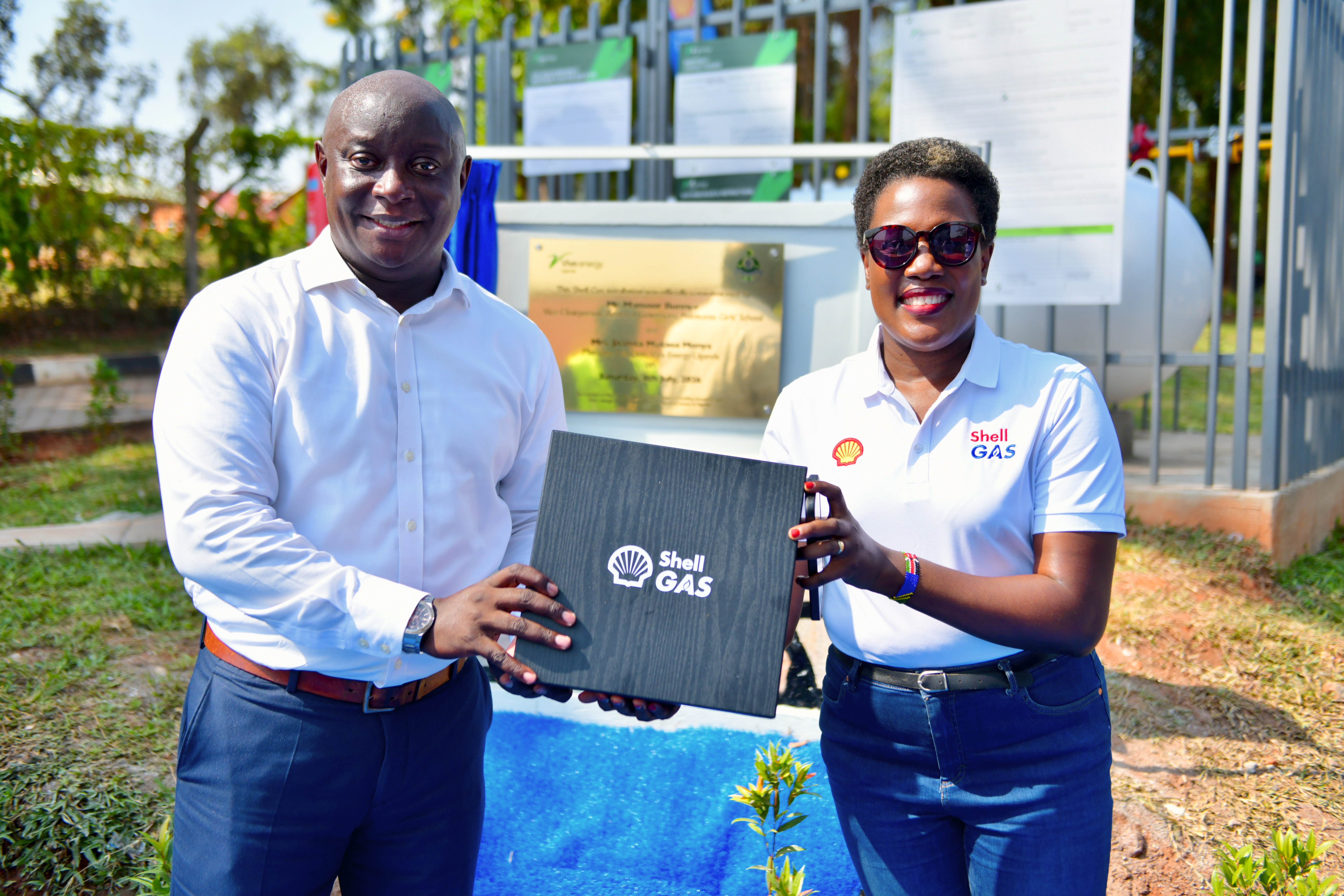 Vivo Energy Uganda Managing Director, Mrs Joanita Mukasa Menya (right) and the Nabisunsa Girls’ School Board Vice Chairman Mr Bunya Mansoor at the launch event.