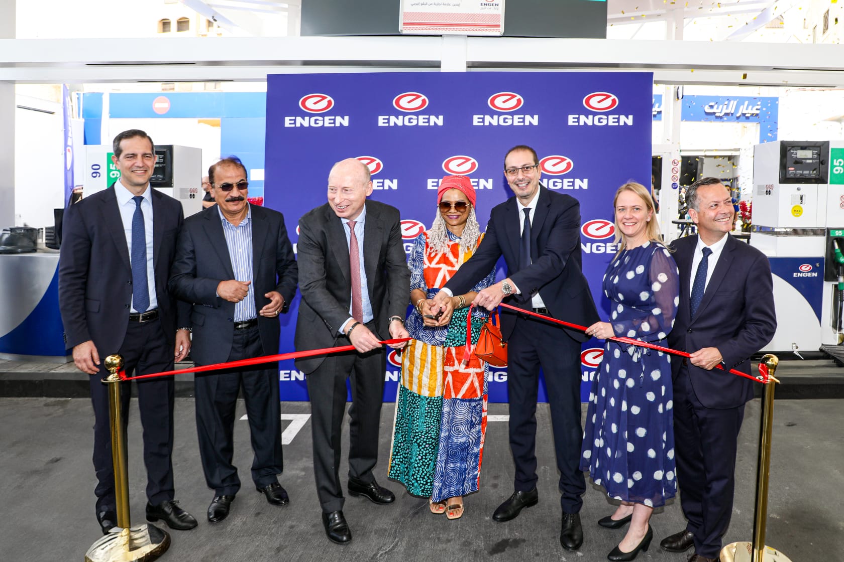 Representatives from Vivo Energy and Vivo Energy Jordan cut the ribbon to open the Engen-branded service station